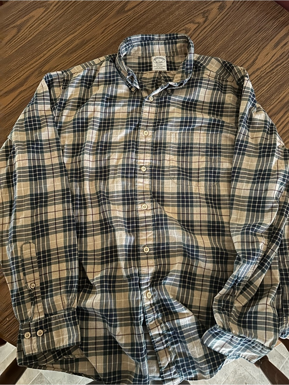 Brooks Brothers Beige and Navy Plaid Button-Down Shirt